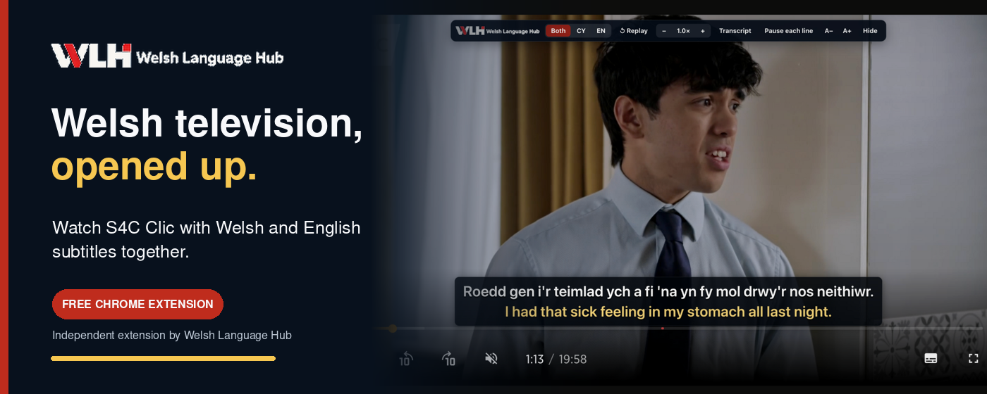 Clic Companion promotional artwork: Welsh television, opened up, with Welsh and English subtitles together on S4C Clic