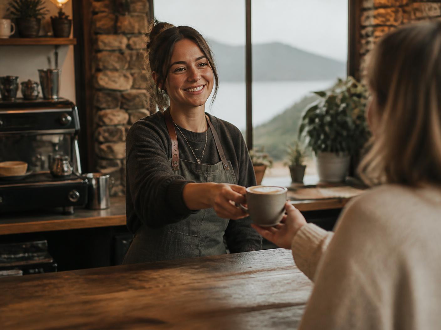 A barista handing over a coffee in a warm Welsh café